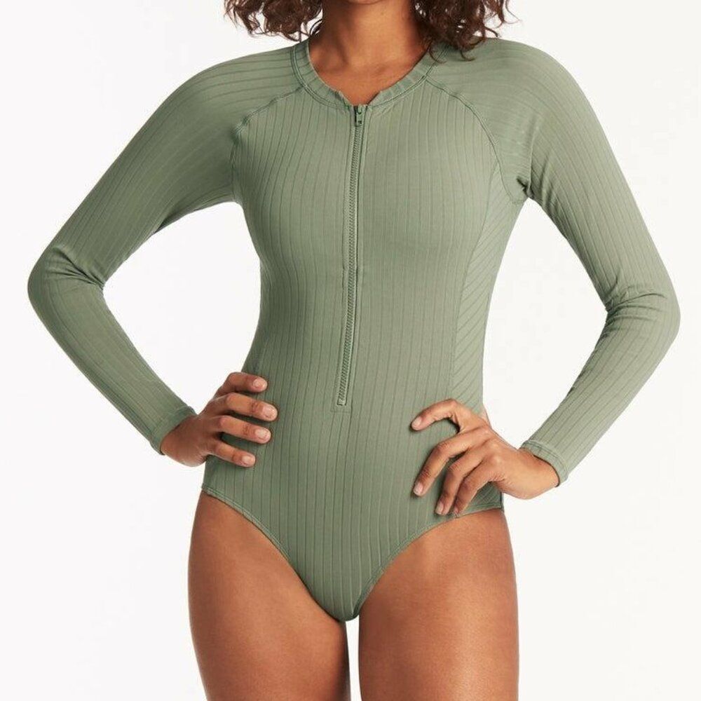 Sea Level Vesper Long Sleeve One Piece Ribbed Zip Swimsuit Size 12 Sage Green